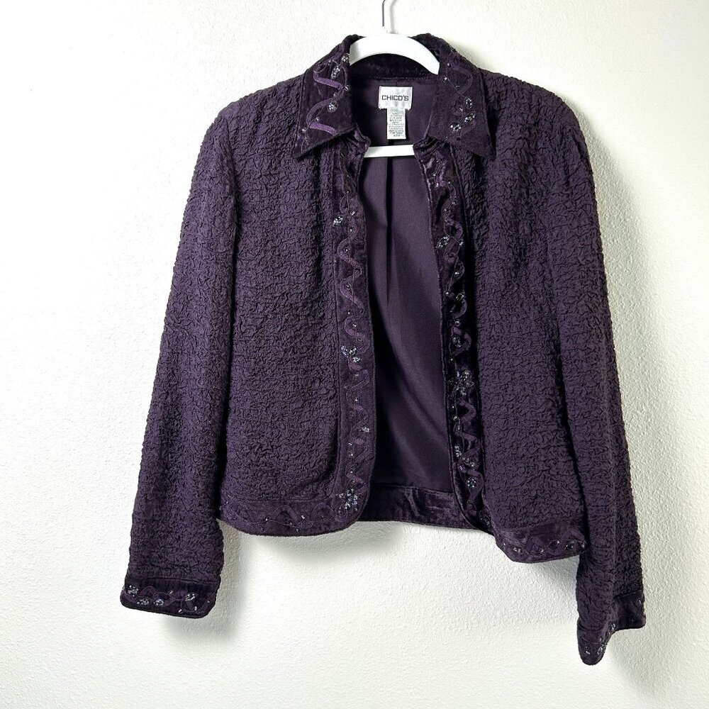 Chicos Blazer Jacket Womens Size 0 S Purple Embellished Open Front Crinkle‎